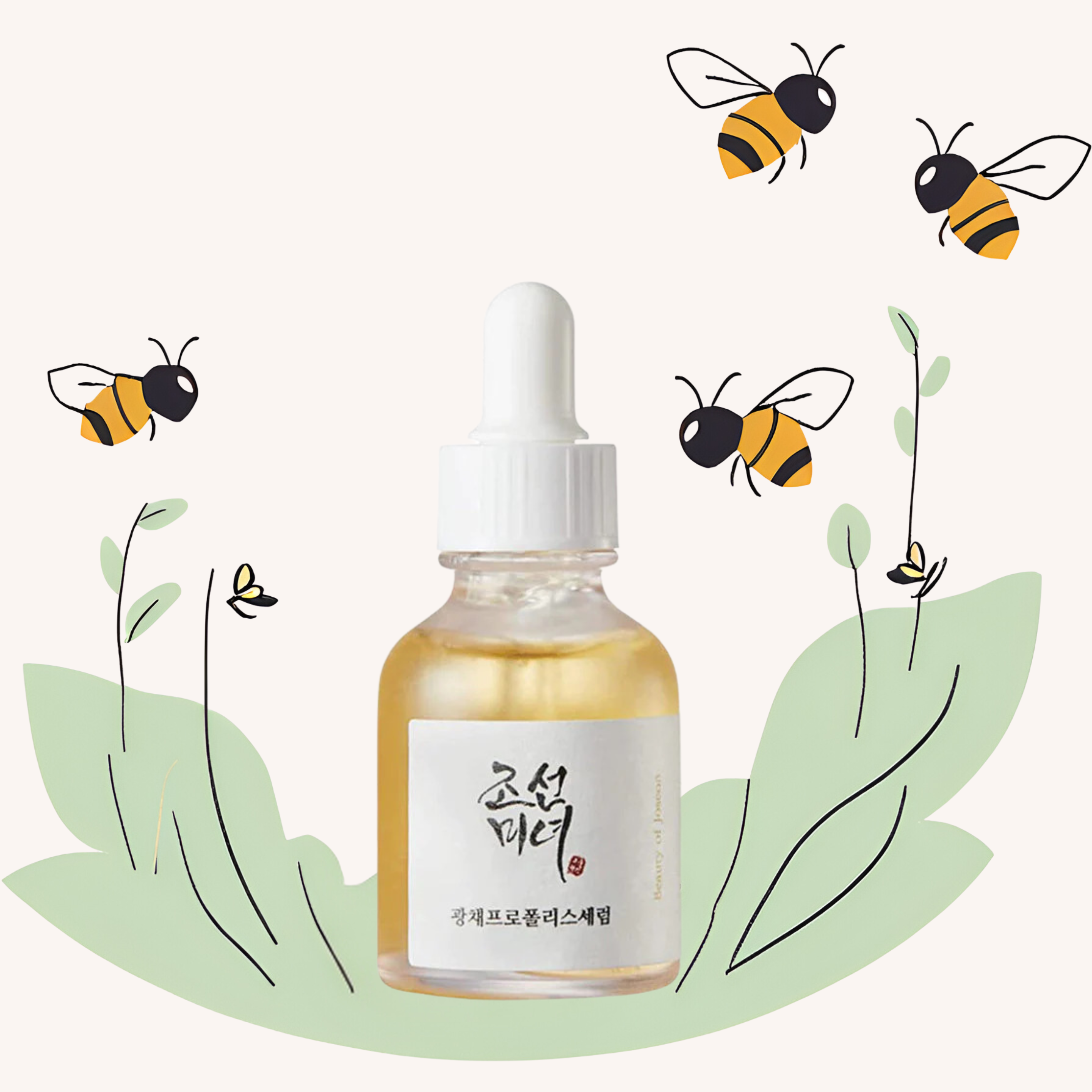 Abeilles qui vont sur le produit GLOW SERUM PROPOLIS NIACINAMIDE avec des plantes autours